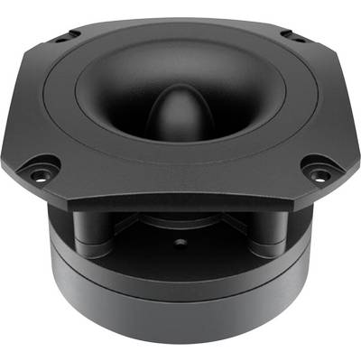 A close-up image of a black tweeter speaker component, showcasing its circular design and the cone in the center, used in sound systems.