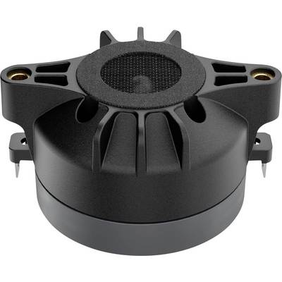 Close-up of a black, round speaker component with a mesh-covered center and mounting points, likely used in audio equipment.