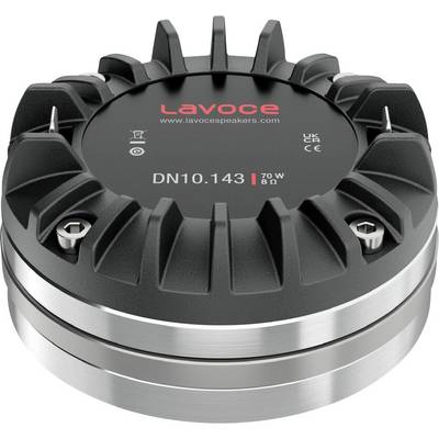 'A black and silver Lavocespeaker driver labeled DN10.143, 70W, 8Ω, with mounting screws, showcasing branding and technical details.'