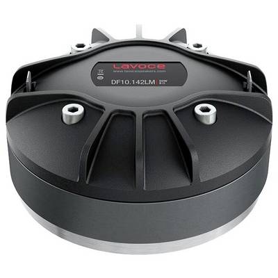 The image shows the rear view of a Lavoce DF10.142LM compression driver, featuring a black casing with mounting screw points.