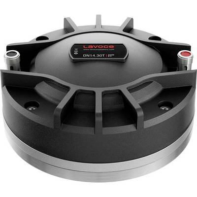 A black and silver speaker driver with a top label displaying 'Lavoce DN14.30T'. The structure has fin-like protrusions and red connectors.