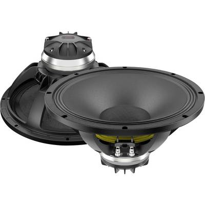 Two black and silver audio speakers, one upright and one tilted, displaying their large circular diaphragms and metal frames.