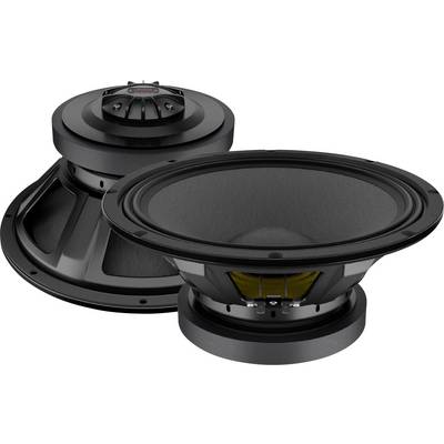 Two large black subwoofer speakers, featuring a cone shape and metal frame, designed for deep bass reproduction in audio systems.