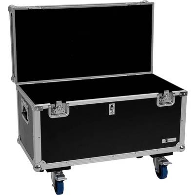 A large black equipment case with a metal frame and handles, open to reveal an empty interior. The case is on blue wheels.