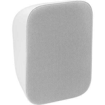 A sleek, white wireless speaker with a curved edge, featuring a fine mesh front for sound dispersion. It stands upright.
