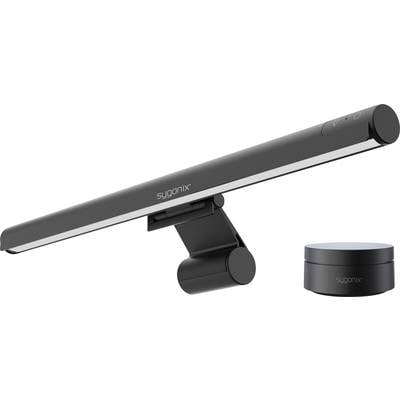 Black Sygonix clip-on LED light bar with adjustable mount, shown beside a separate round cylindrical base on a white background.
