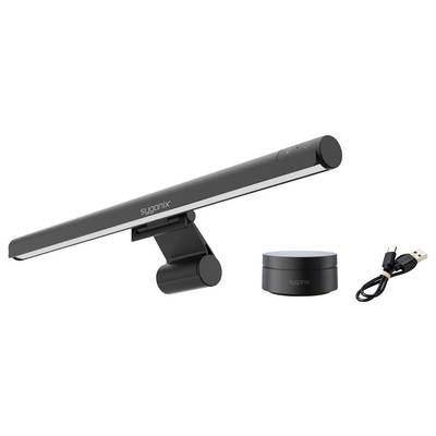 Black Sygonix LED monitor light bar with clip-on mount, separate control puck, and USB cable on a white background