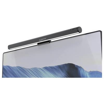 A black Sygonix webcam-style soundbar mounted above a monitor displaying a blue ocean wave wallpaper.