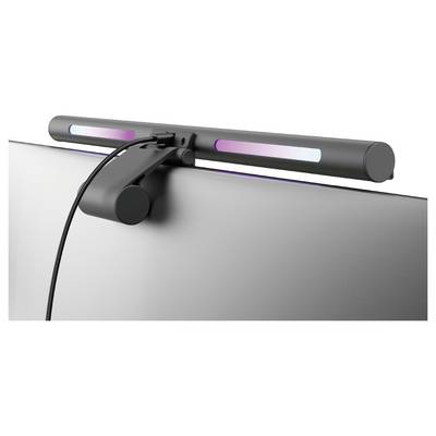 Black clip-on webcam with a connected USB cable mounted on the top edge of a monitor, with two glowing light bars on the device<br>