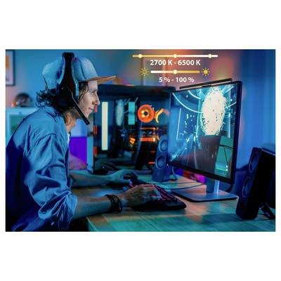 Young gamer wearing a headset plays at a desktop PC with a bright monitor, while on-screen text shows '2700 K - 6500 K' and '5% - 100%' brightness settings.