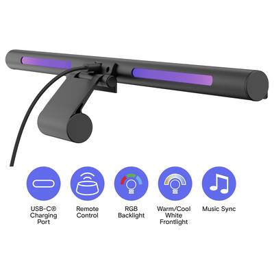 Product image of a black cylindrical light bar with clamp and cable, highlighting USB-C charging, remote control, RGB backlight, warm/cool white front light, and music sync features.<br>
