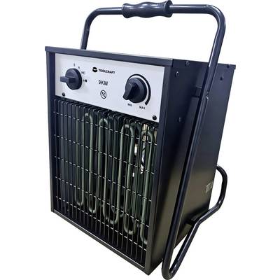 Portable electric space heater with handle, front grille, and two control knobs labeled 9KW and max<br>