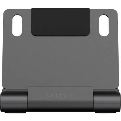 Gray Satechi laptop stand or dock with raised back support, front base, and side slots for ventilation or cable access.