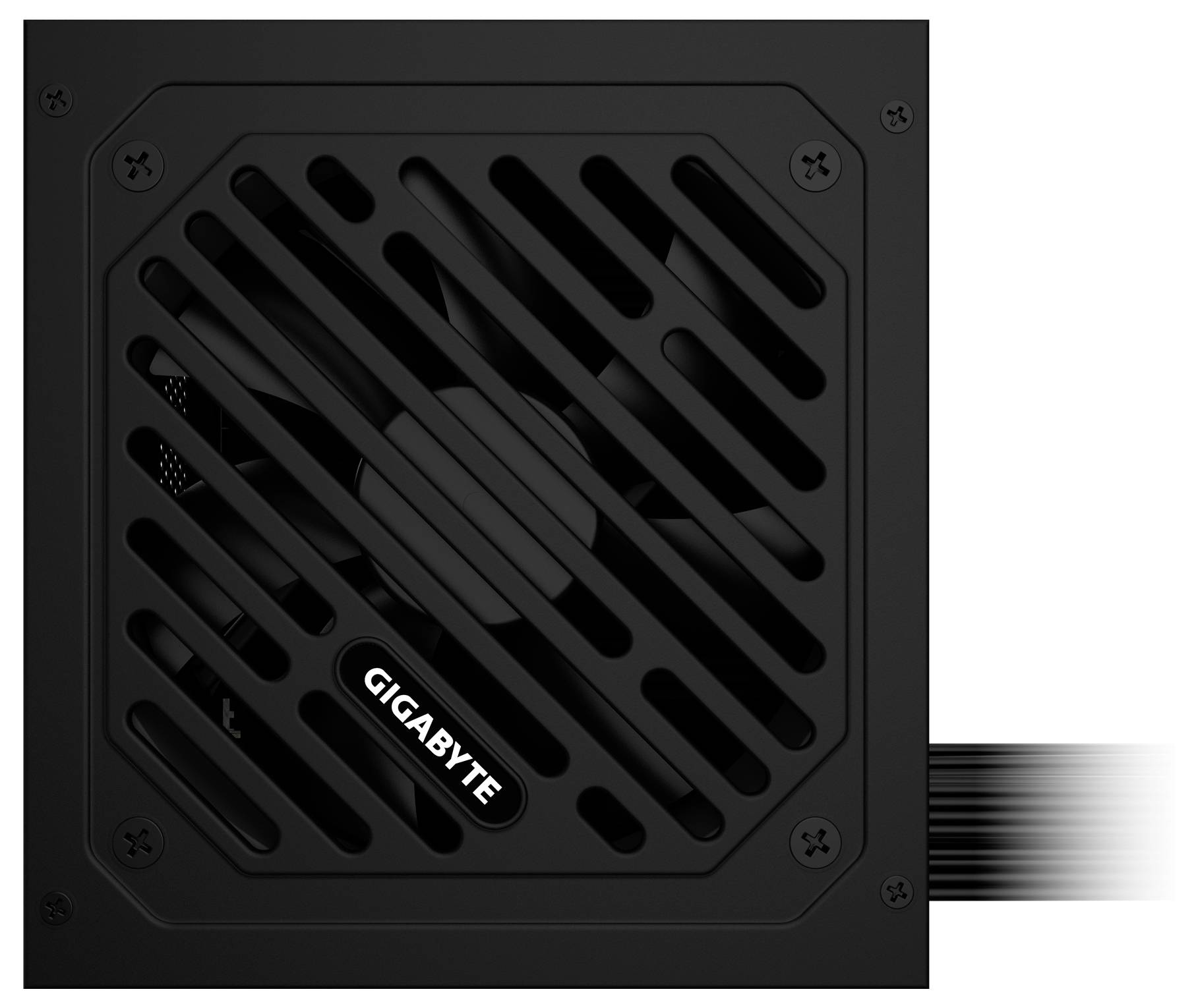 'GIGABYTE' branded computer power supply unit with visible fan and ventilation grille, showing power cable on the right side.