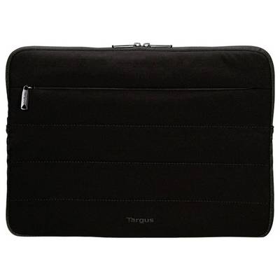 A black laptop sleeve with a zippered pocket on the front. The brand name 'Targus' is subtly embroidered near the bottom center.