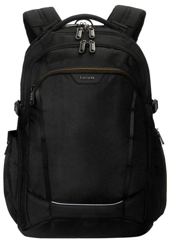 A black, multi-compartment backpack with padded shoulder straps and front zippered pocket, suitable for travel or commuting.