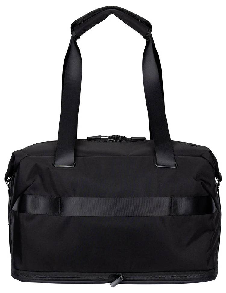 Black duffel bag with two handles and a front horizontal pocket, shown on a white background.
