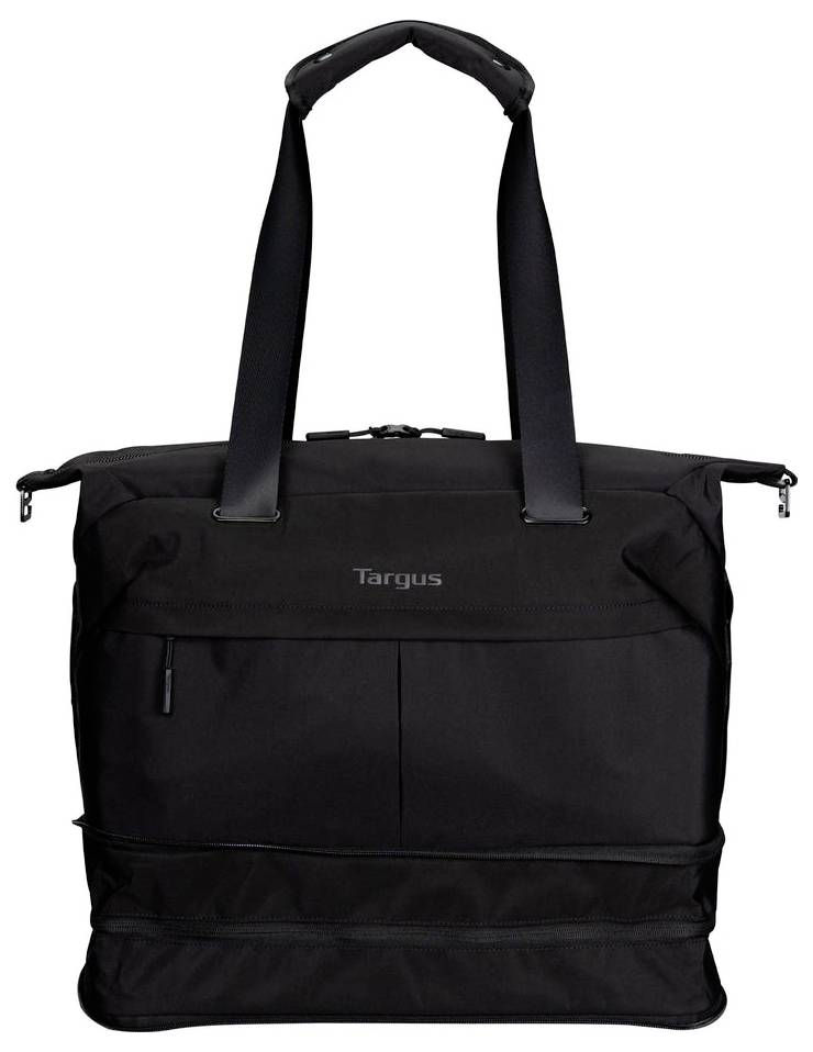 Black Targus tote bag with long shoulder straps, front zip pockets, and expandable lower section on a white background.
