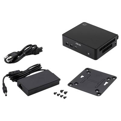 ASUS mini PC and included accessories: power cord, AC adapter, mounting plate, and screws on a white background.