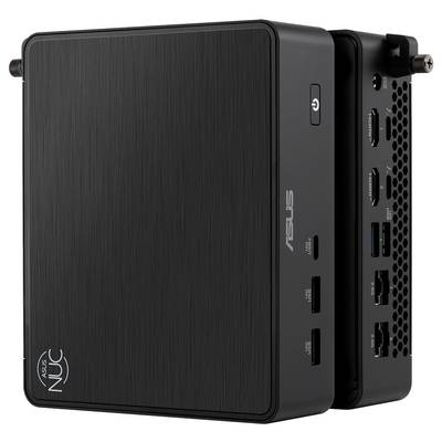 Black ASUS NUC mini PC shown front and rear, with power button and multiple USB and Ethernet ports visible.