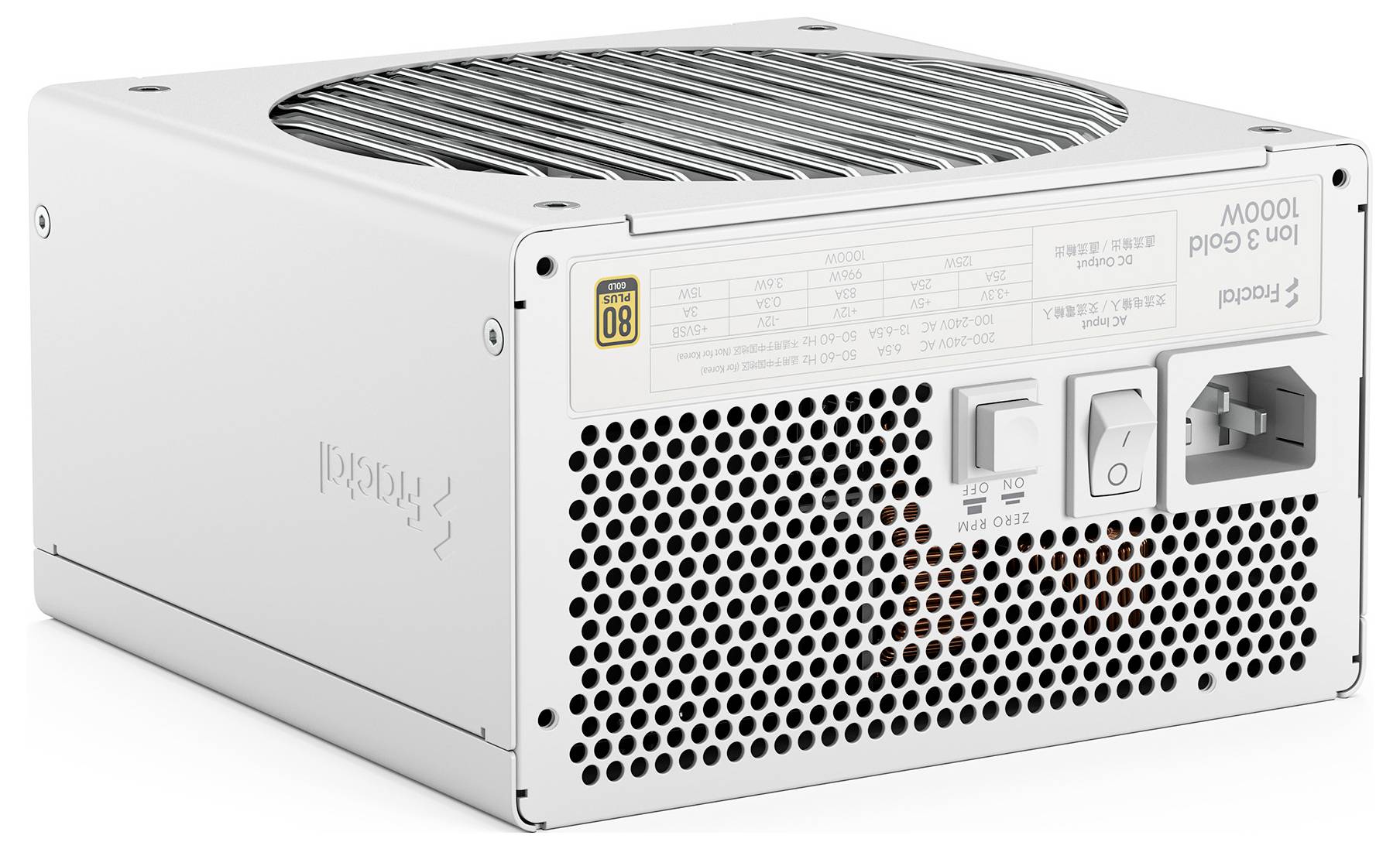 'Seasonic power supply unit, 1000W, with a fan grill on top and labeled as 80 Plus Gold for efficiency. White casing with connectivity ports.'