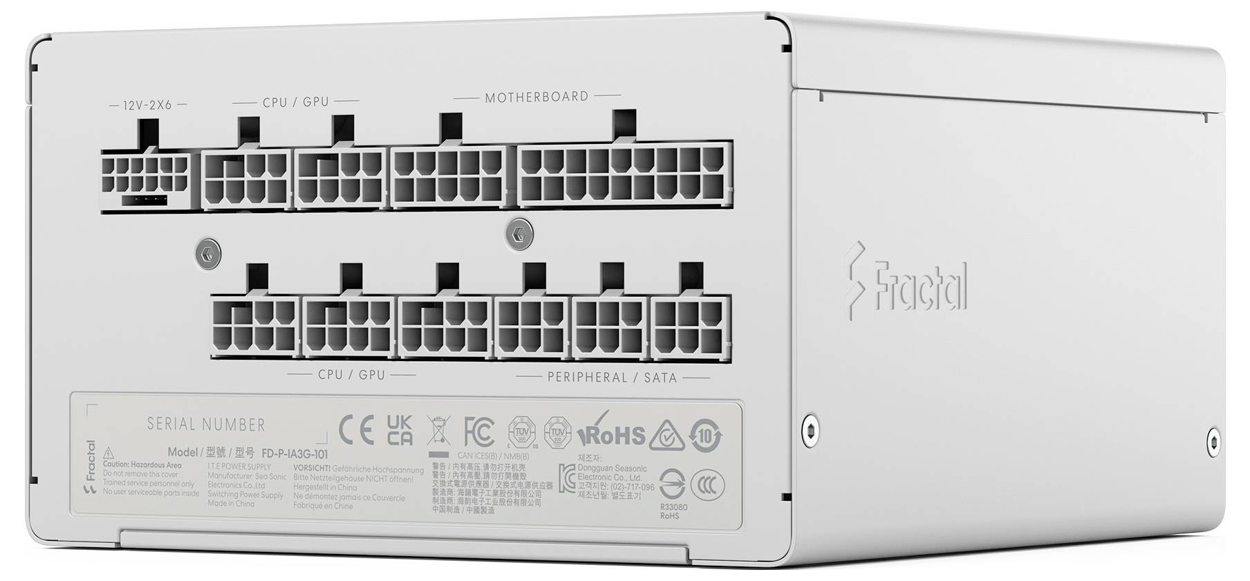 A white computer power supply unit showing multiple output connectors and certifications on its surface.