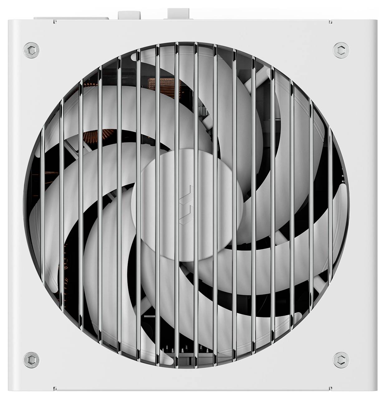 A white computer power supply with a large fan visible through a metal grille, designed for cooling the internal components.