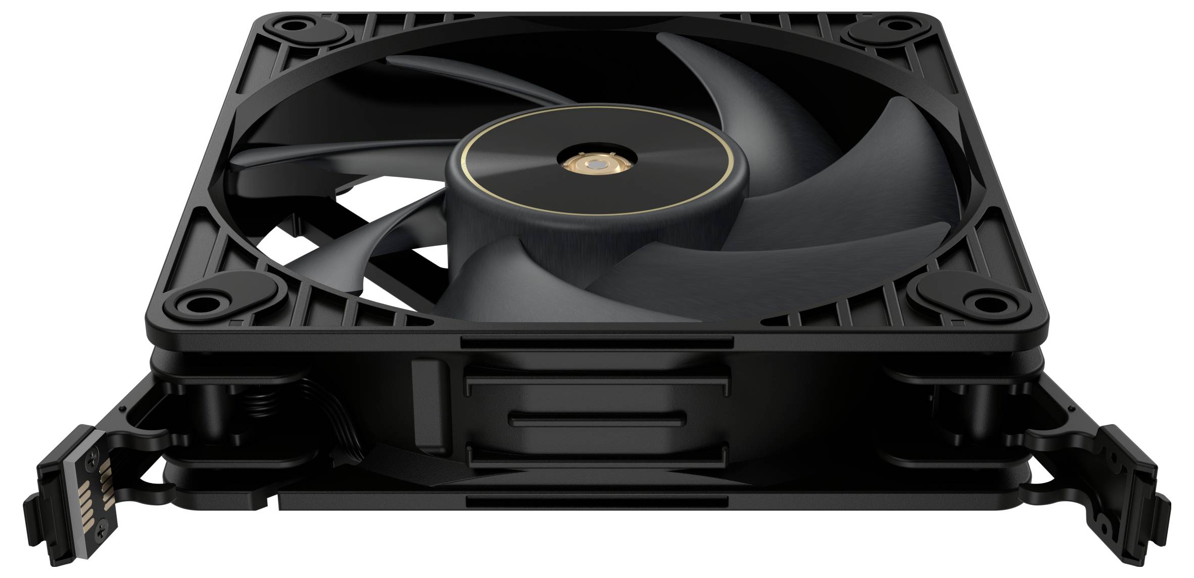 A black computer cooling fan with a 120mm size, featuring a sleek design and four mounting points, viewed from a front angle.