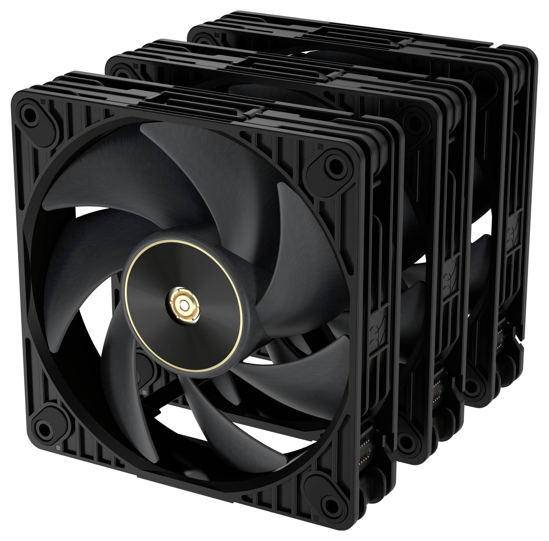 'Three black computer cooling fans stacked vertically; the fans have large blades and are designed for efficient airflow in computing systems.'