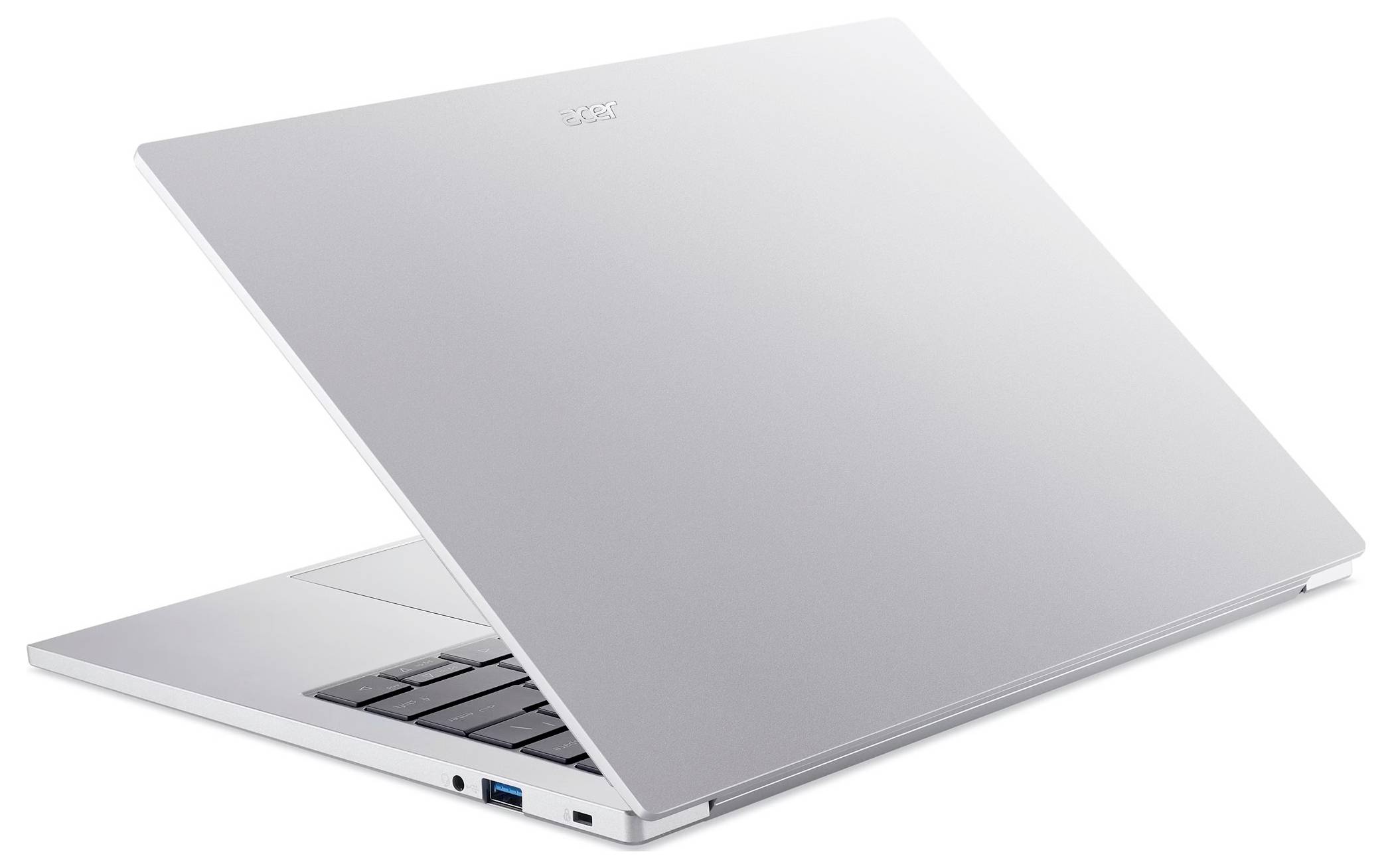 Silver laptop partially open, shown from the side on a white background.