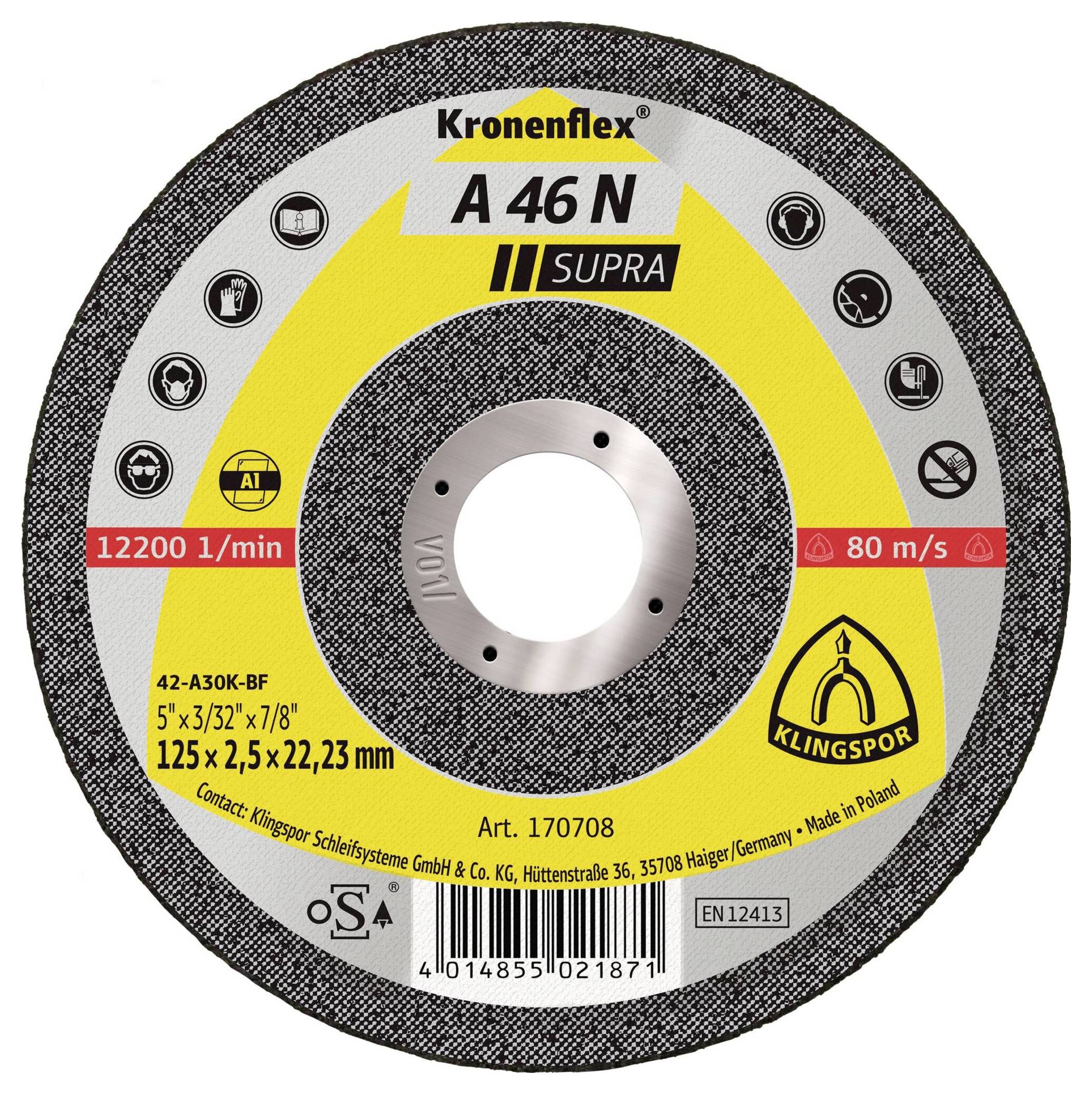 'Kronenflex A 46 N Supra' cutting disc for metal, 125mm diameter with max speed of 12200 RPM. Brand logos and specifications displayed.