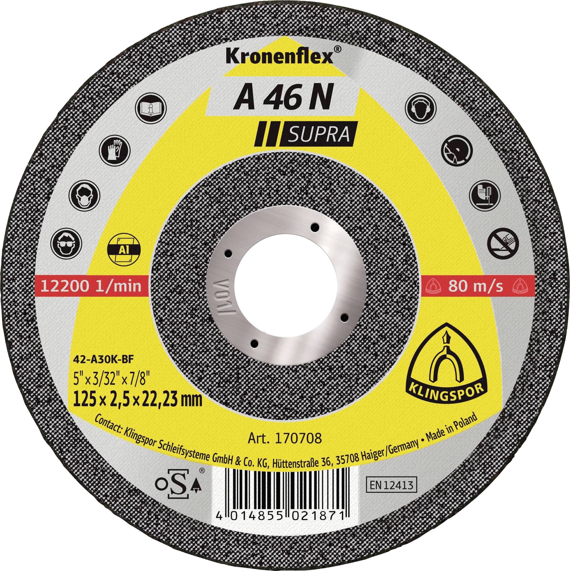 'Kronenflex A 46 N Supra' cutting disc; 125 x 2.5 x 22,23 mm dimensions for metals and stainless steel; max speed 80 m/s.
