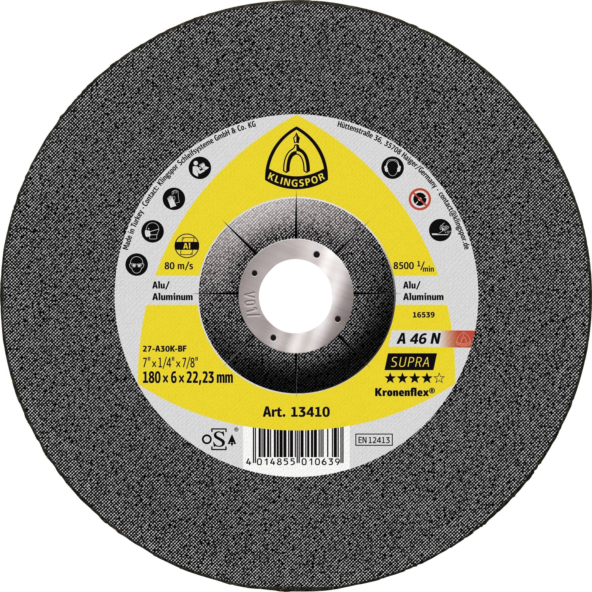 A circular metal cutting disc with label information including 'Klingspor', 'SUPRA', 'A 46 N', diameter '180 x 6 x 22,23 mm', and safety icons.