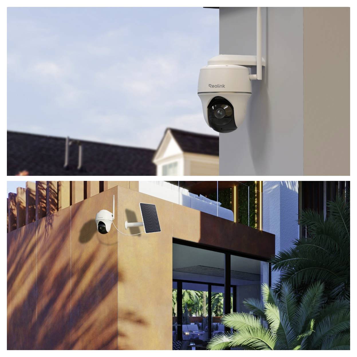 'Two security cameras mounted on different buildings: one on a white wall, the other on a corner with solar panel, during daytime.'