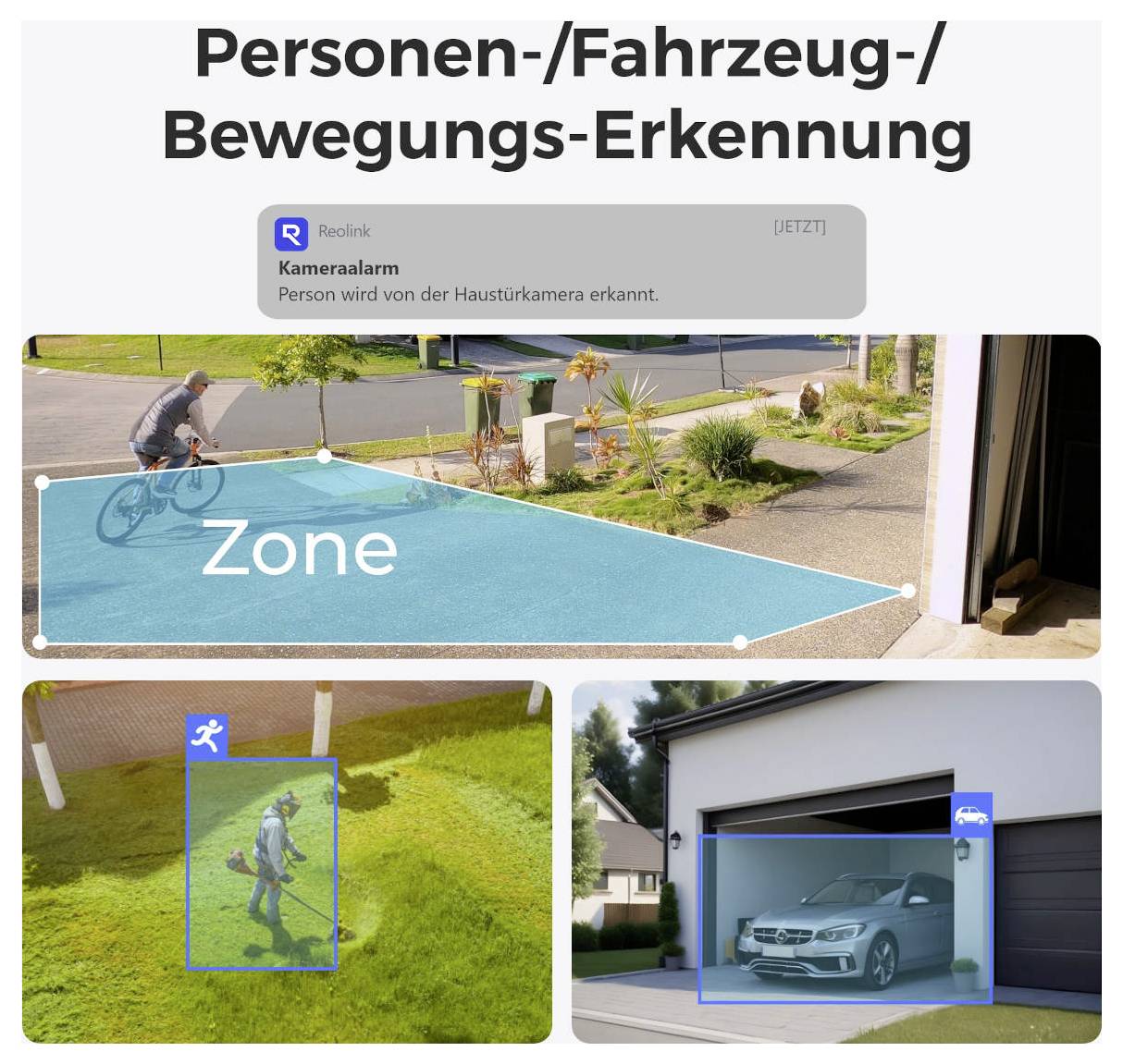 The graphic shows the detection of people, vehicles and movements by a camera in various zones of a property.