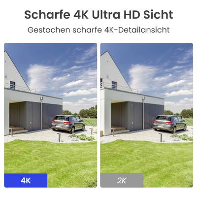 Two images of a house with a car. Left: '4K' with clear view. Right: '2K' with less clear view. Comparison of image quality.