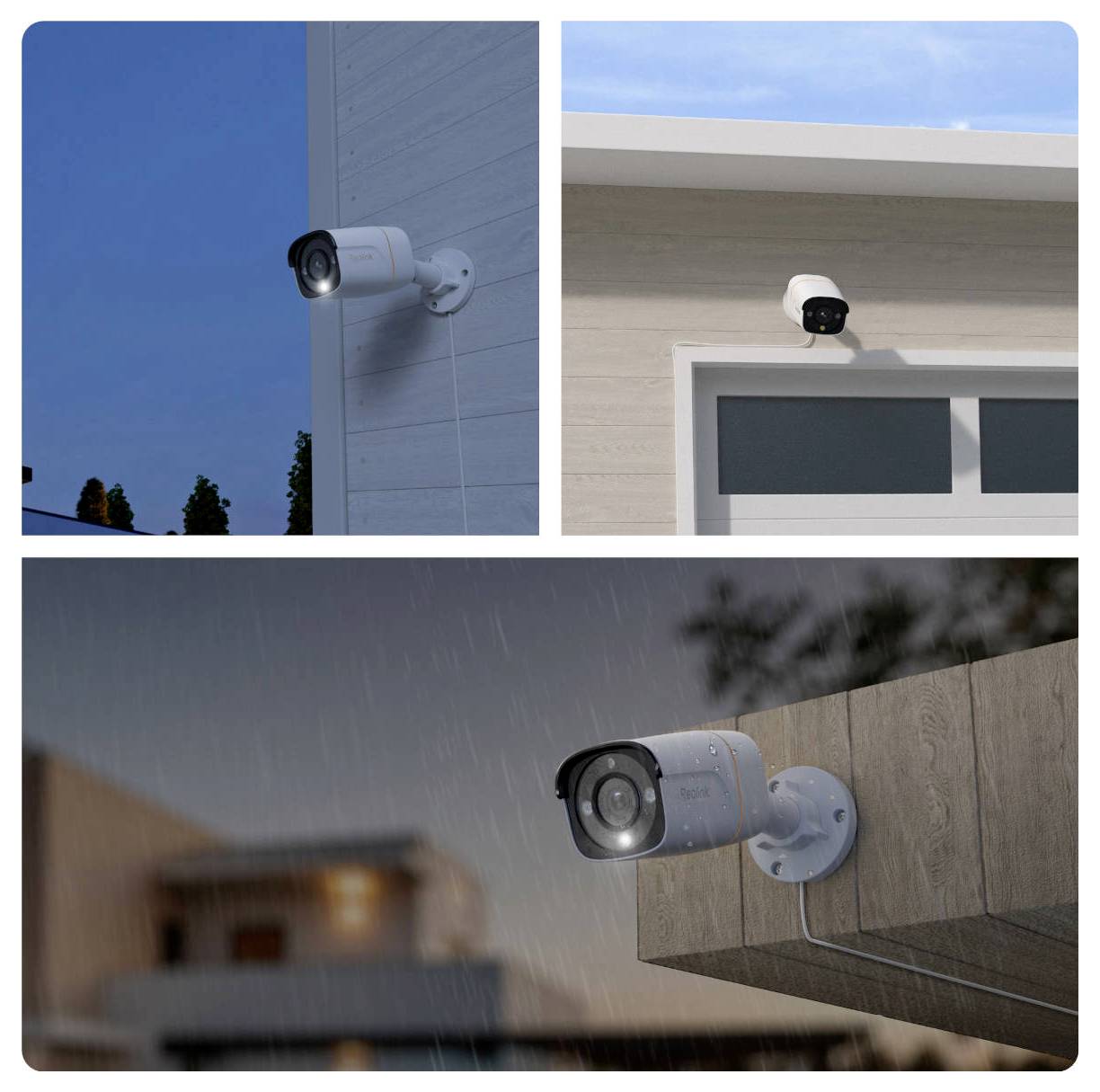 'Three images showing outdoor security cameras attached to different house walls. Each camera is prominently displayed under various lighting conditions.'