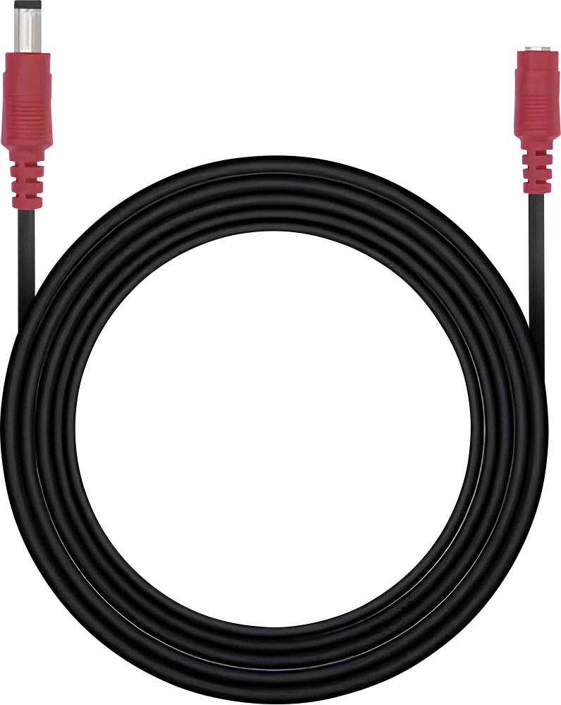 A coiled black cable with red connectors at each end, typically used for power or data transfer in electronic devices.