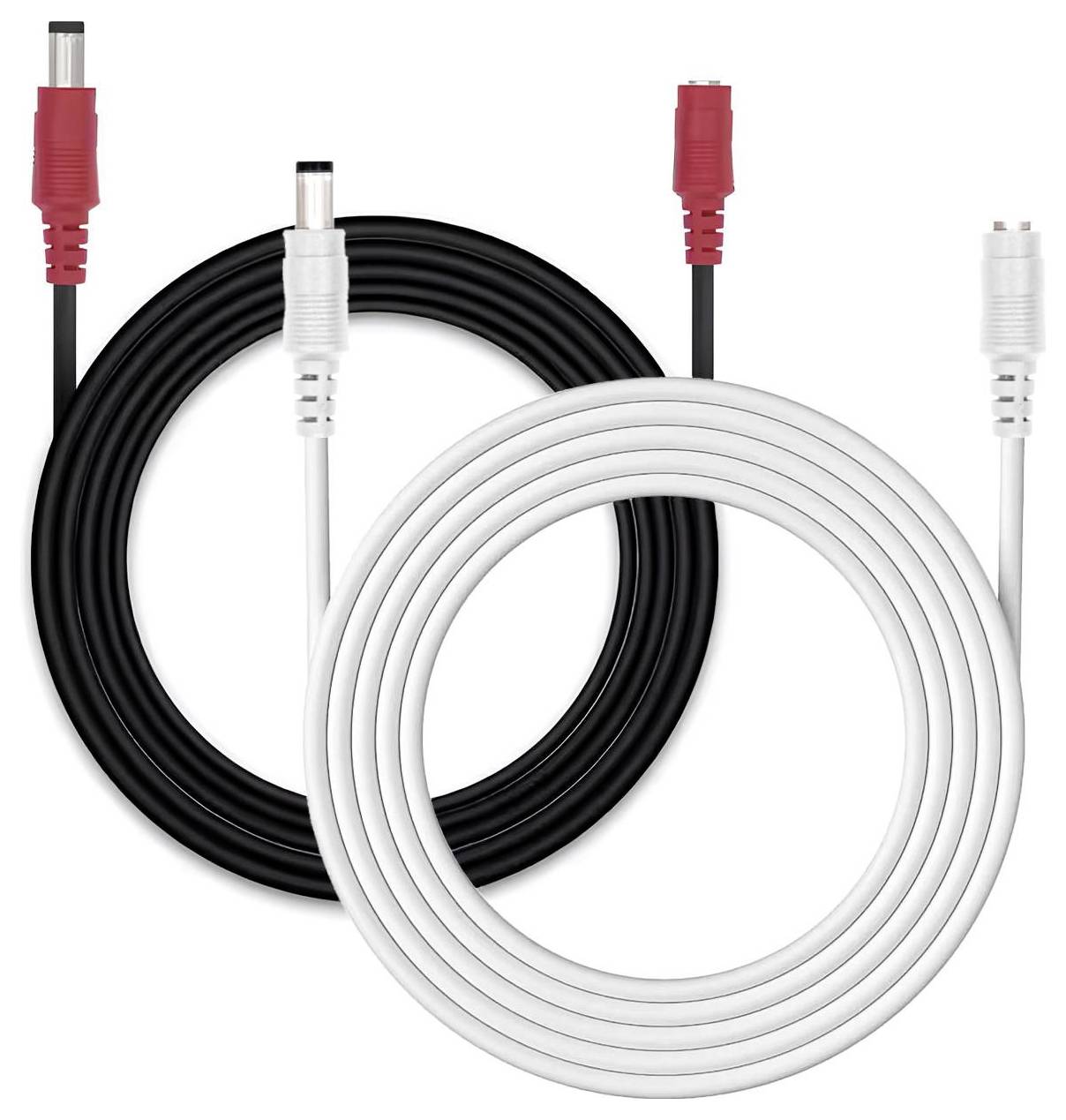 'A set of two DC power extension cables: one black with a white connector and one white with a red connector, coiled neatly.'
