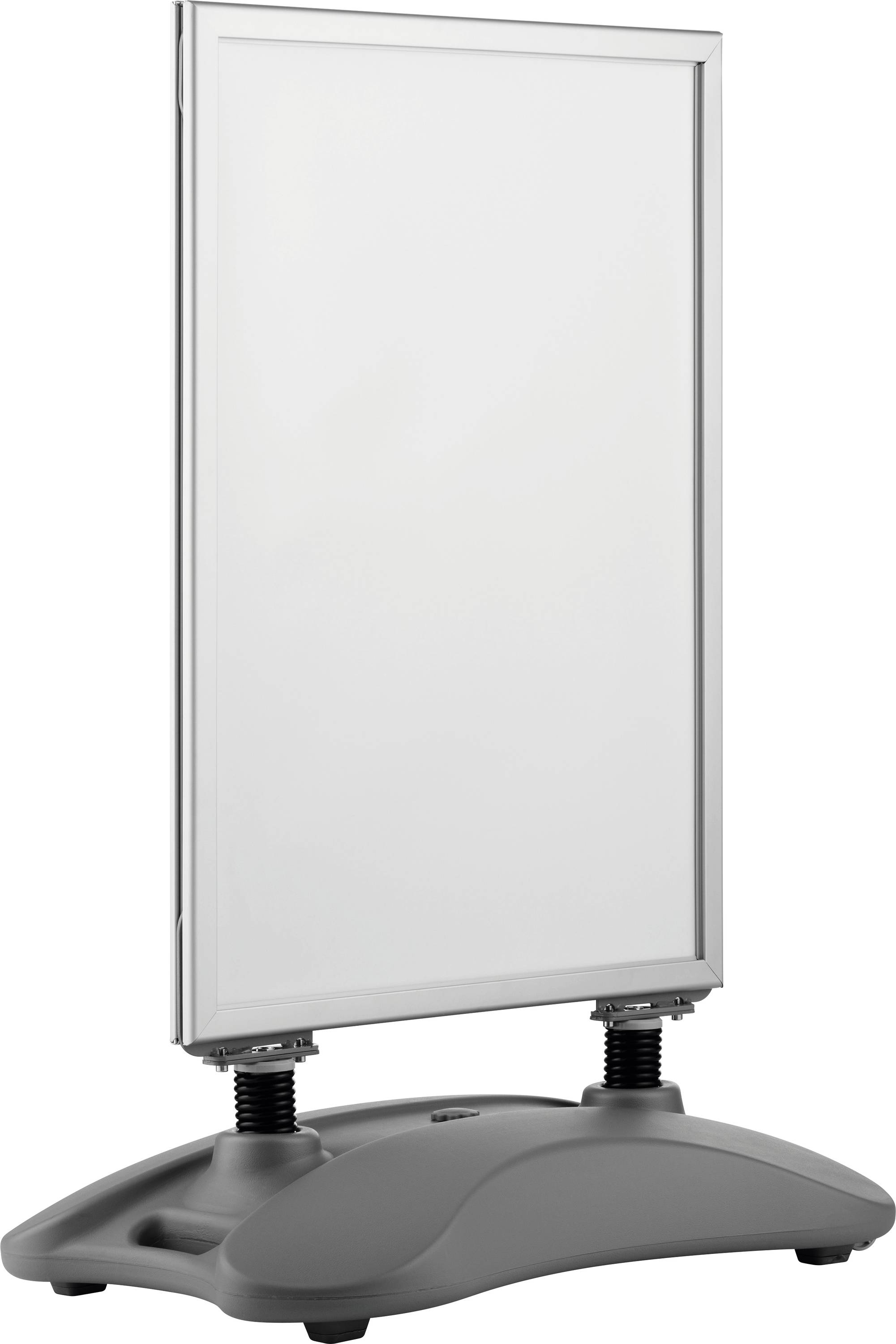 A freestanding sign with a blank white display panel, mounted on a sturdy, spring-based grey base, designed for outdoor advertising.