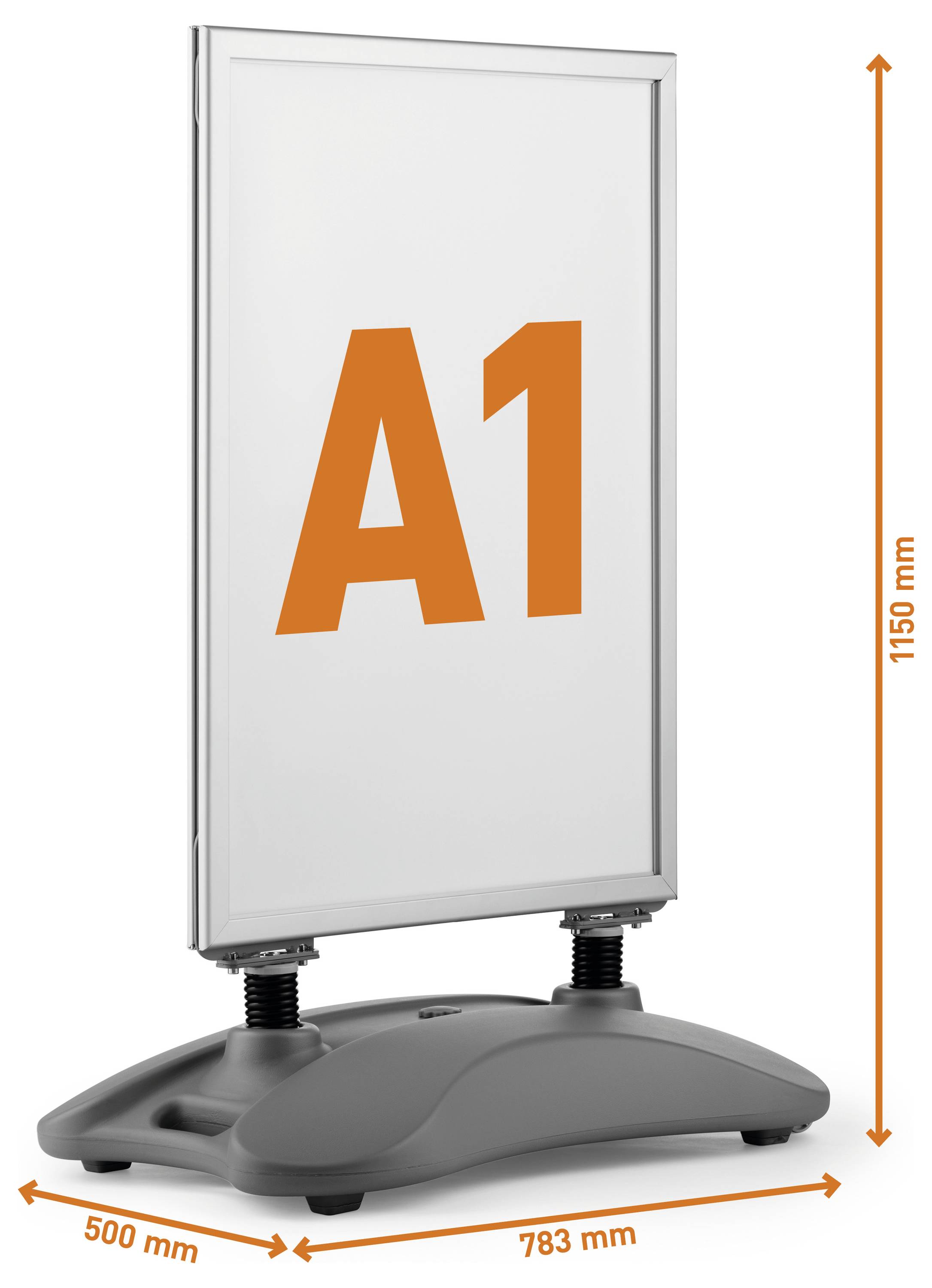 'Outdoor display stand with A1 size frame. Silver frame is 1150 mm tall and positioned on a gray base measuring 500 mm by 783 mm.'
