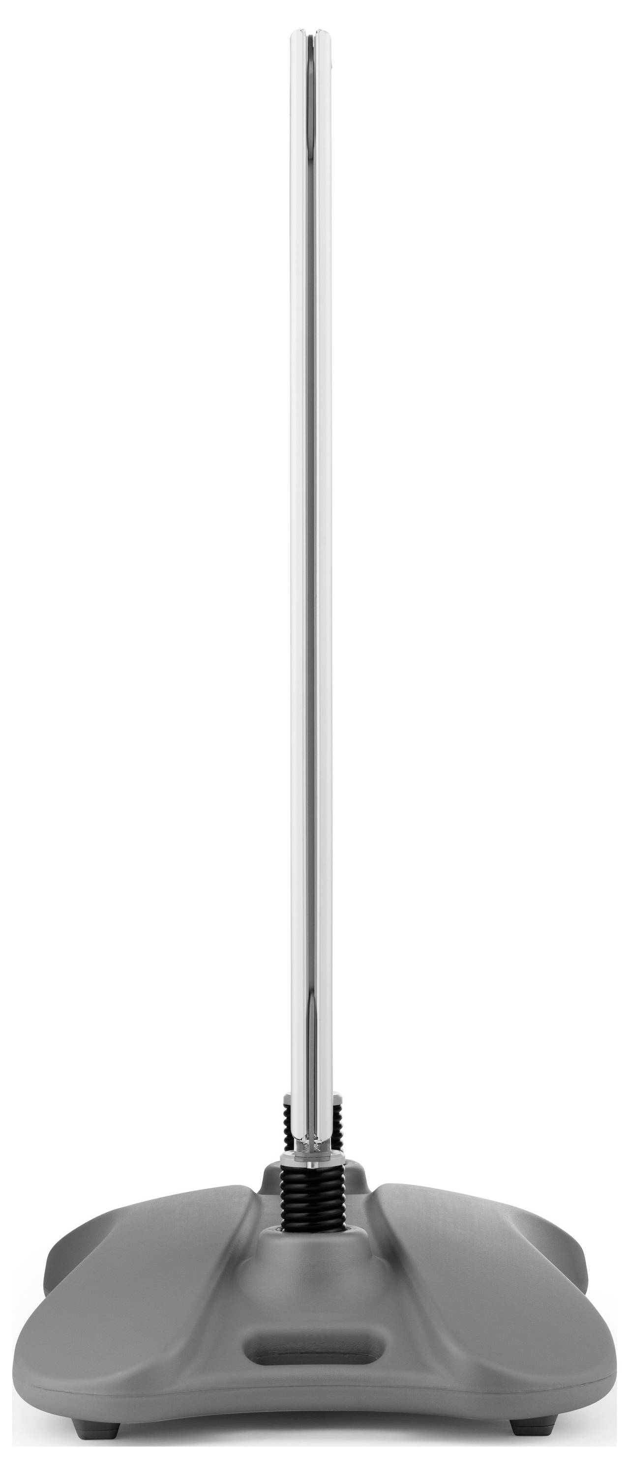 A vertical metal pole is attached to a wide, flat, rectangular base, likely a stand or support structure.