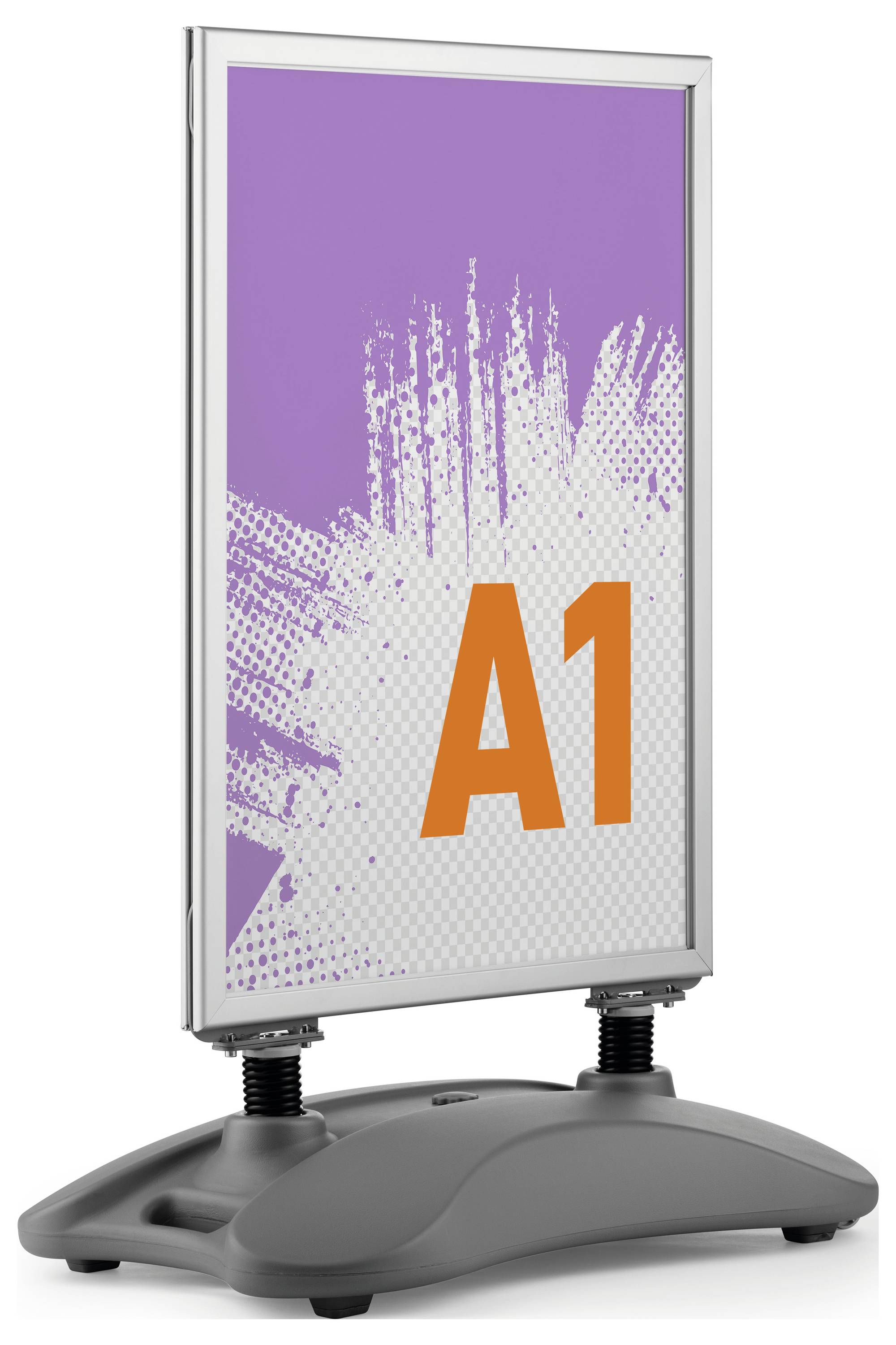 A poster stand displaying the text 'A1' in large orange font on a purple background with a white abstract design.