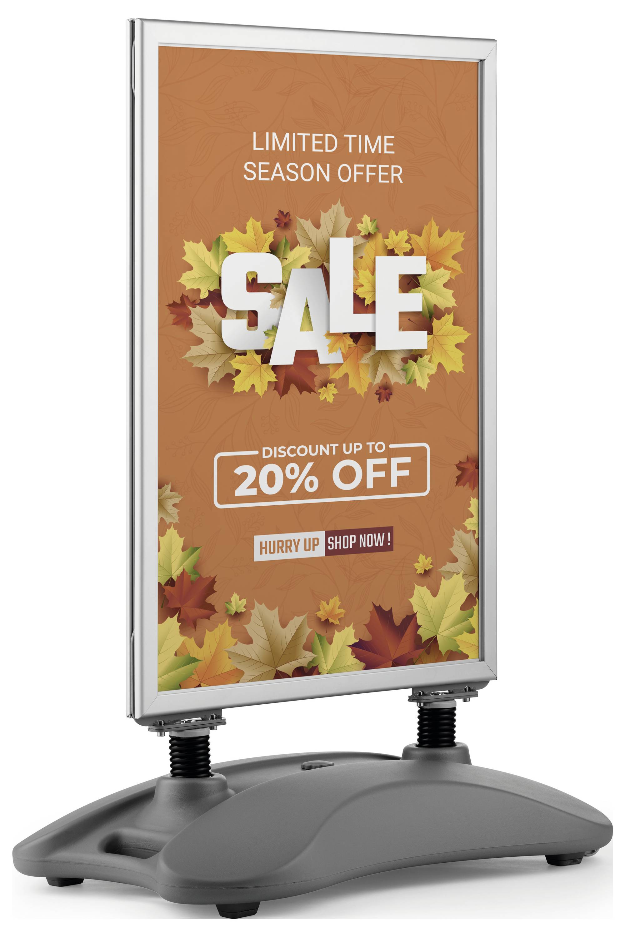Advertisement: 'Limited Time Season Offer. Sale. Discount up to 20% off. Hurry up, shop now!' Autumn leaves background.