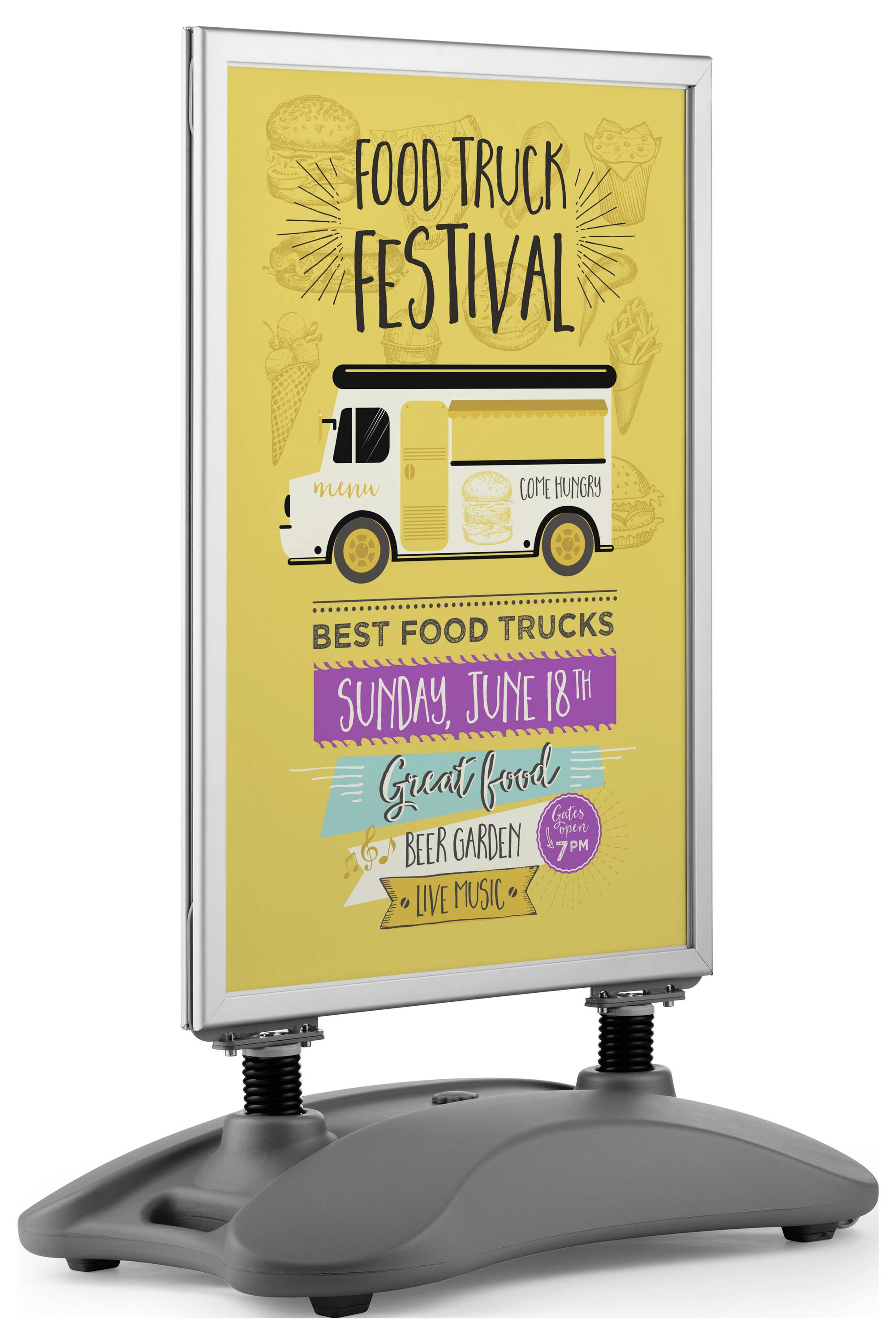 'Food Truck Festival' poster with details: June 18th, great food, beer garden, live music, 7 PM, featuring best food trucks.