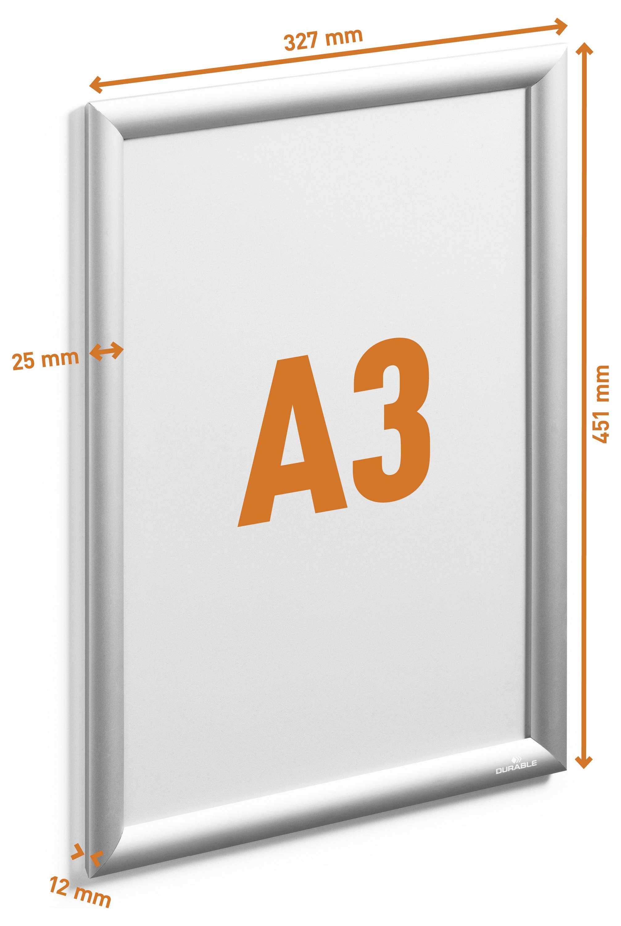 An A3-sized silver frame with dimensions labeled: 327 mm width, 451 mm height, and 25 mm depth.
