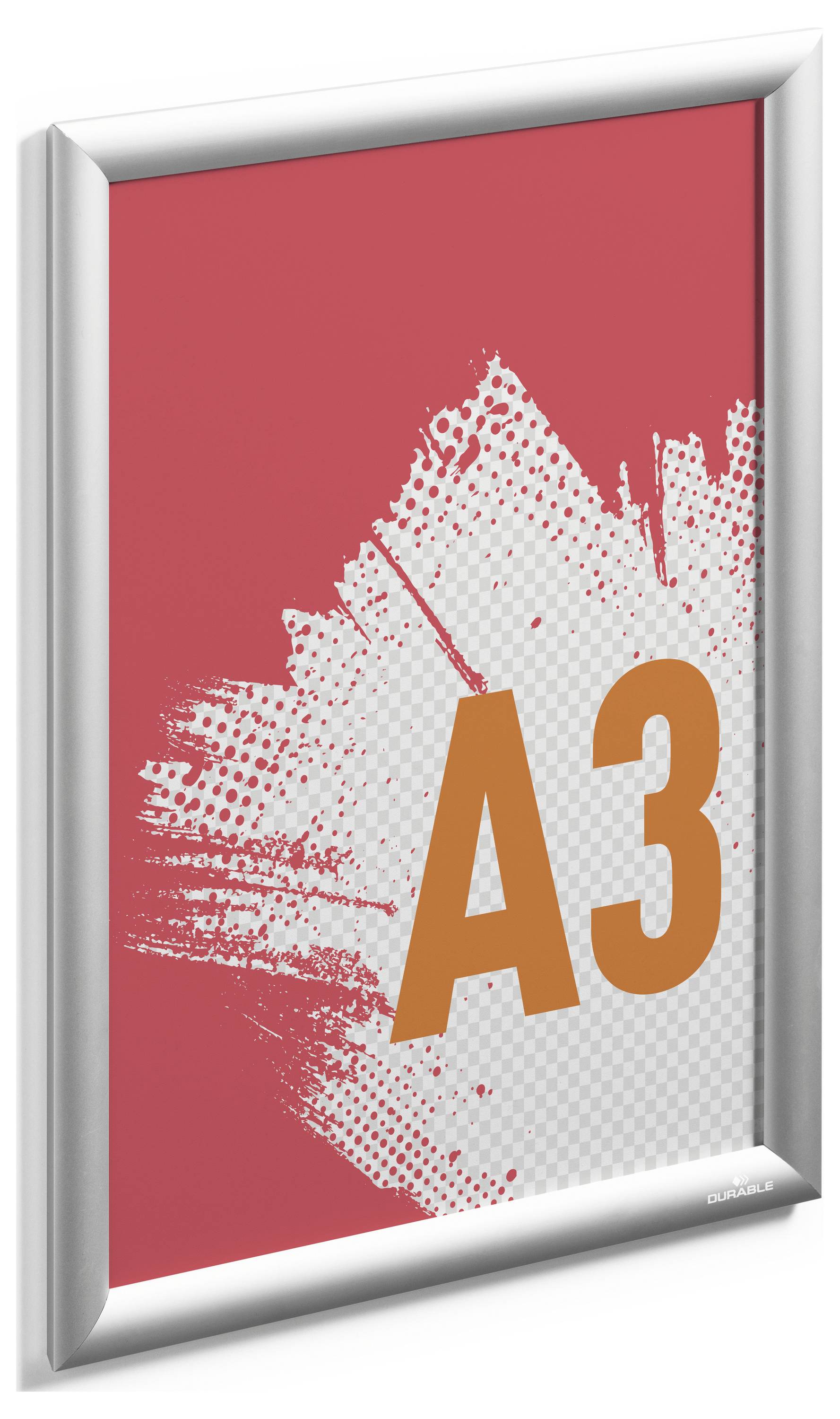 A red and white poster with 'A3' in large orange text, displayed in a silver frame.