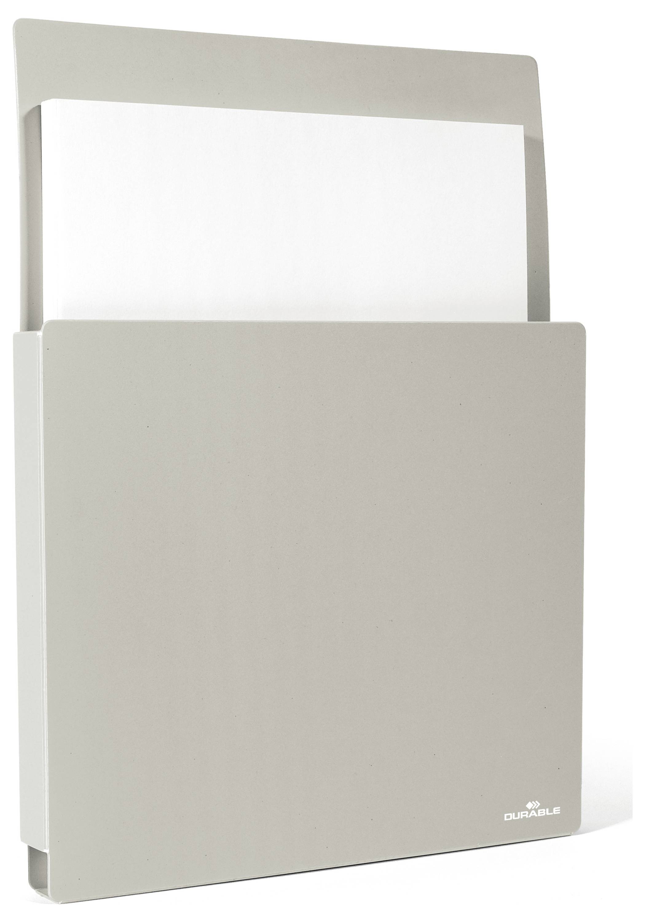 Gray wall file holder with a white paper inside, featuring 'DURABLE' branding at the bottom right.