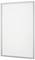 A blank whiteboard with a silver frame, positioned vertically against a plain background.