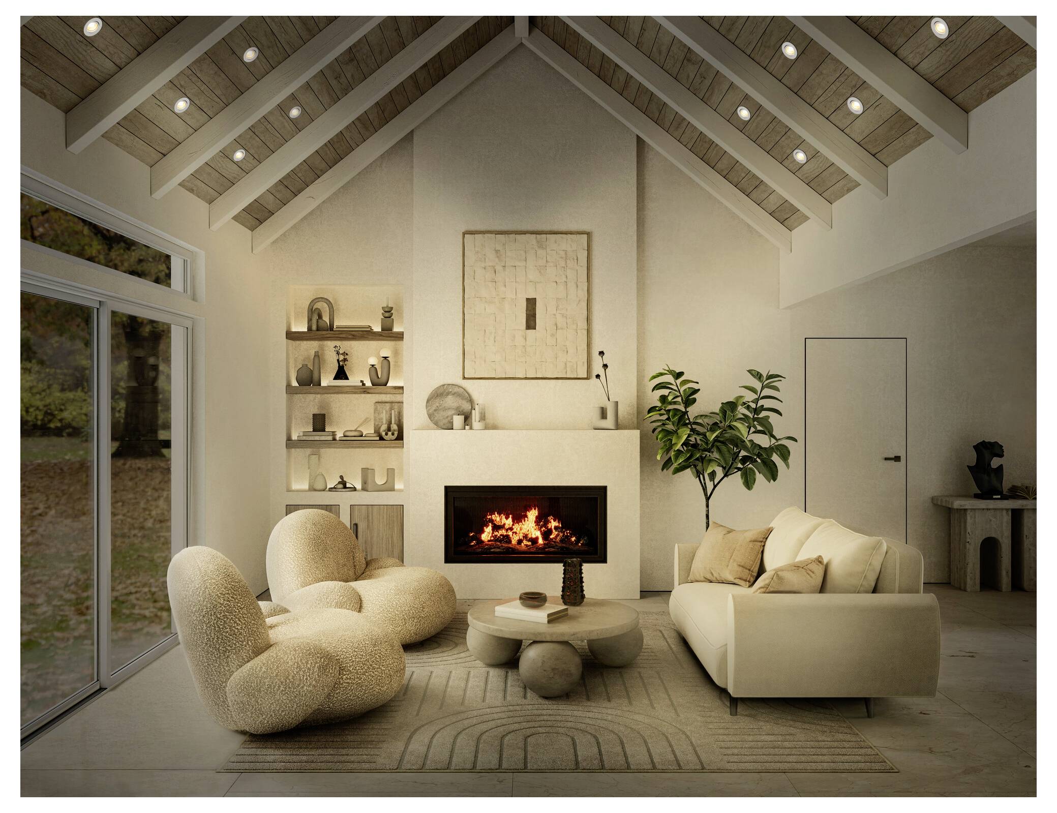 A cozy living room with soft, rounded furniture, a lit fireplace, and a plant. Shelves display decorative items. Large windows show an outdoor view.